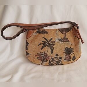 Vintage Tommy Bahama Woven Canvas Tropical Print Women's Purse/Bag -Leather Trim
